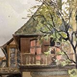 Watercolor vintage village view