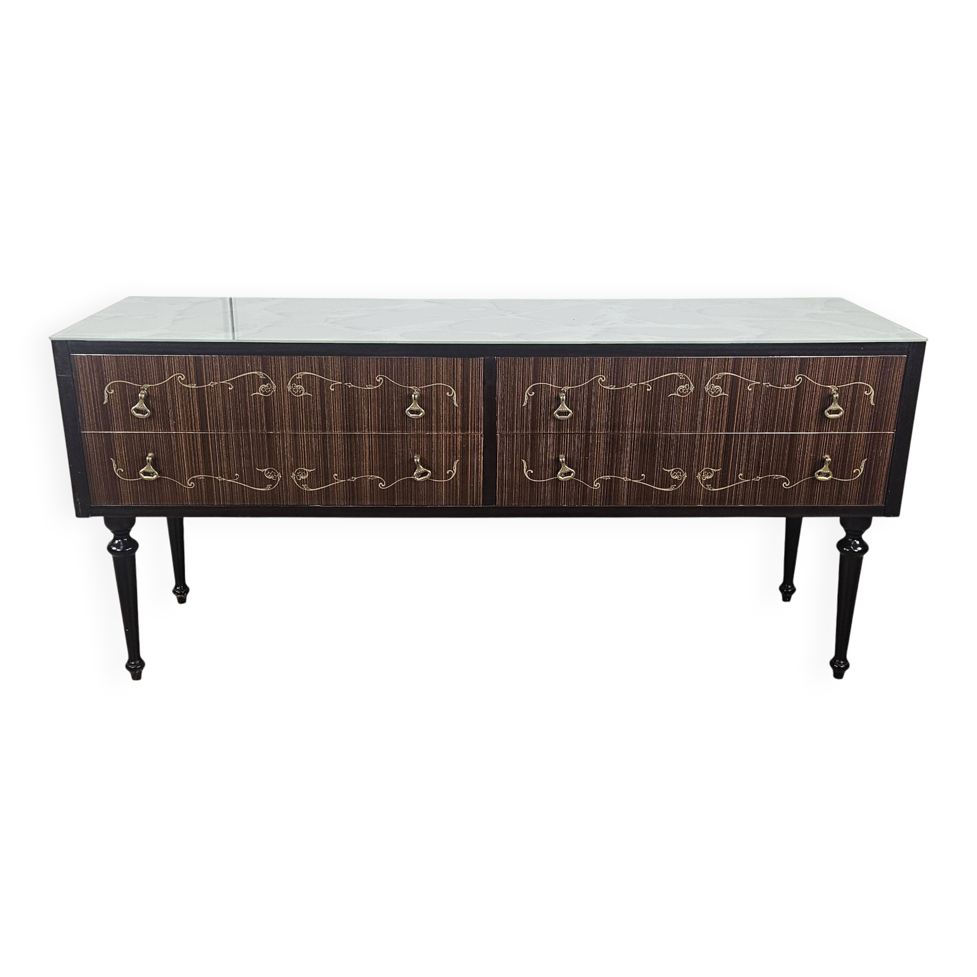 Mid Century Italian Dresser with Blue Glass Work and Four Drawers, 1960