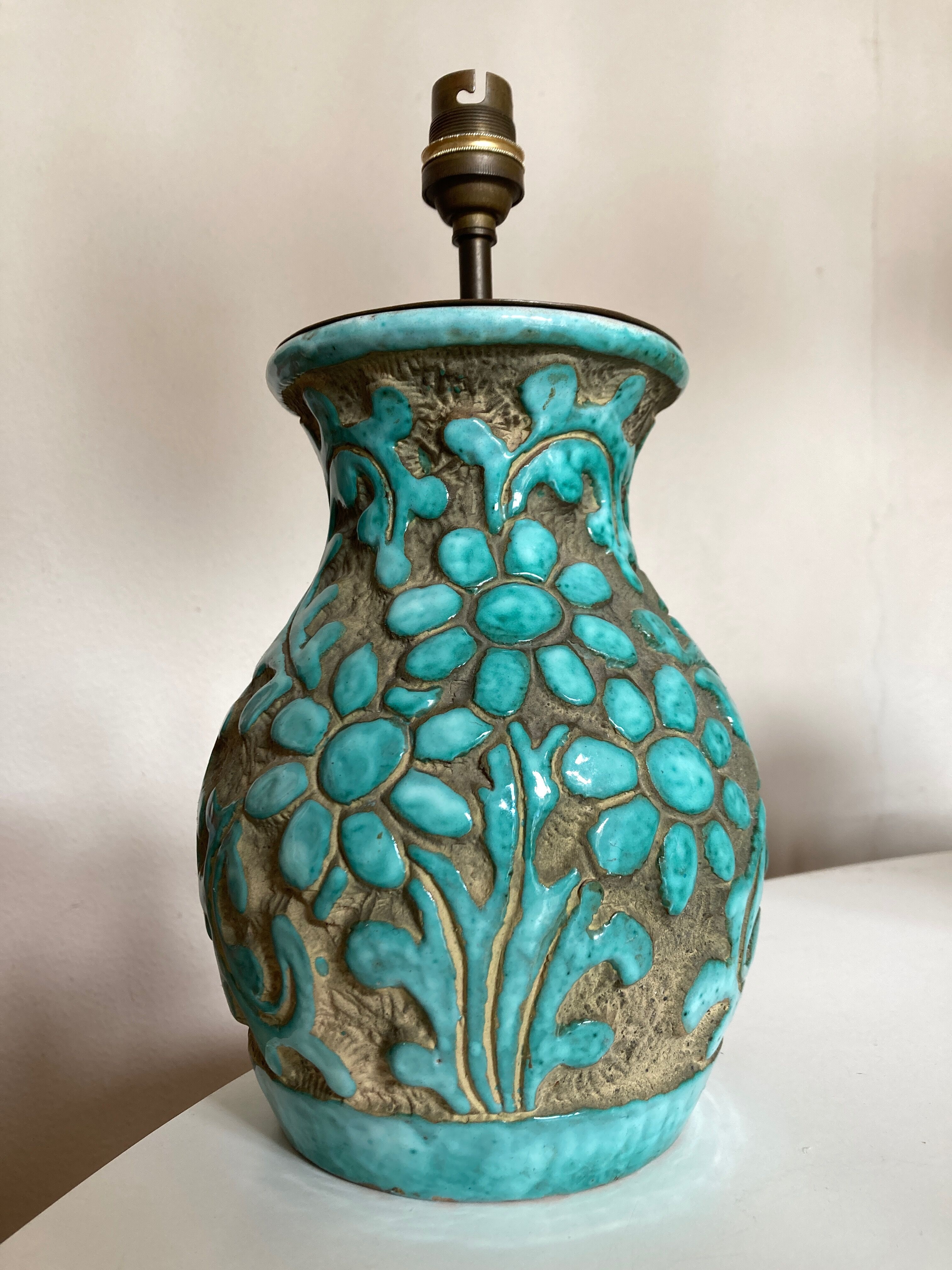 Italian glazed ceramic lamp 1960 mid century Bitossi turquoise