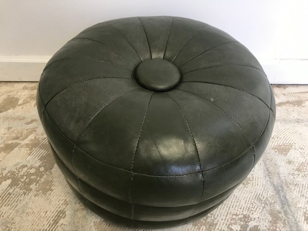 Vintage green leather ottoman 1970