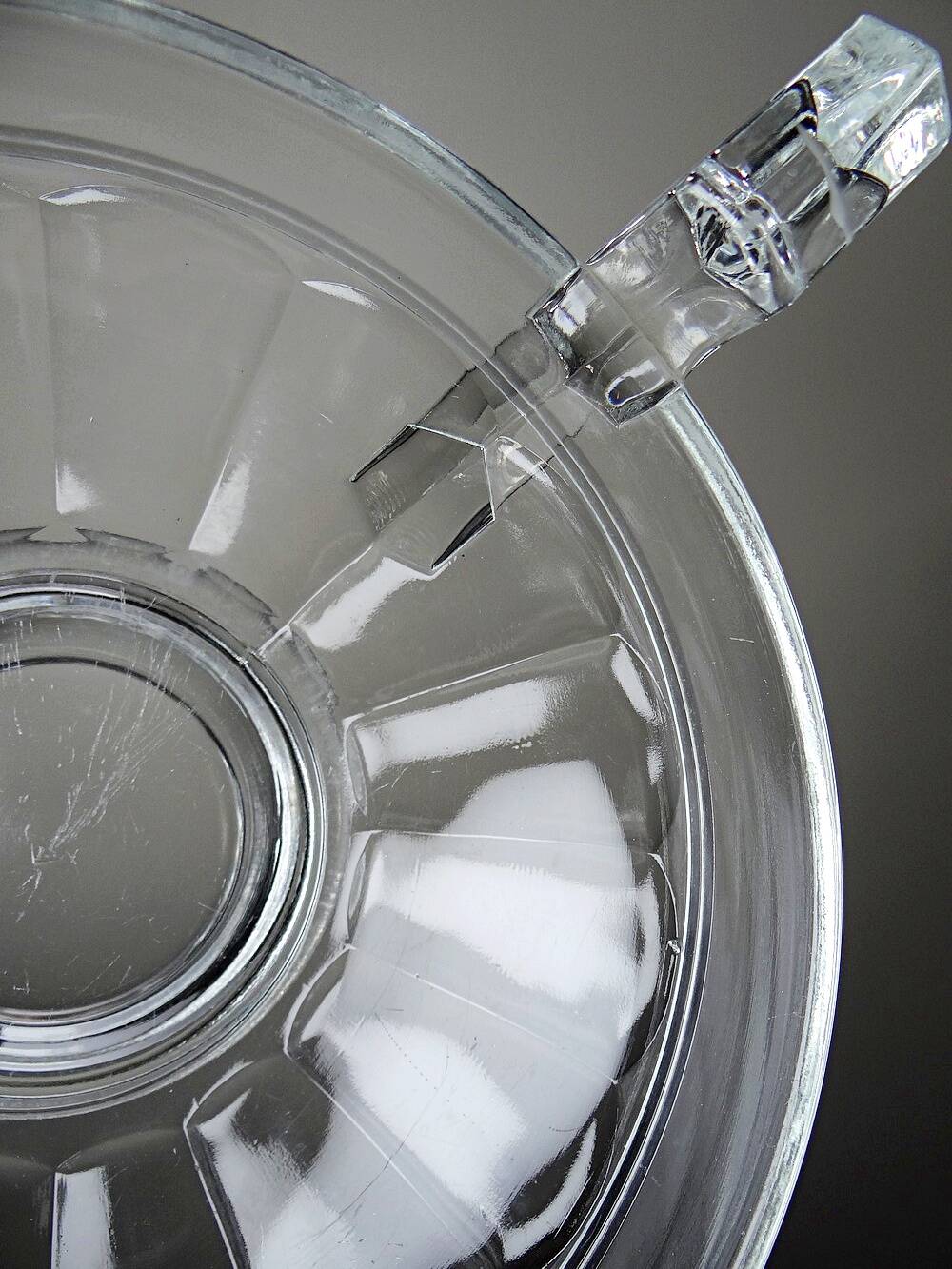 Art Deco glass bowl, in the style of Val Saint Lambert, with wide handles.