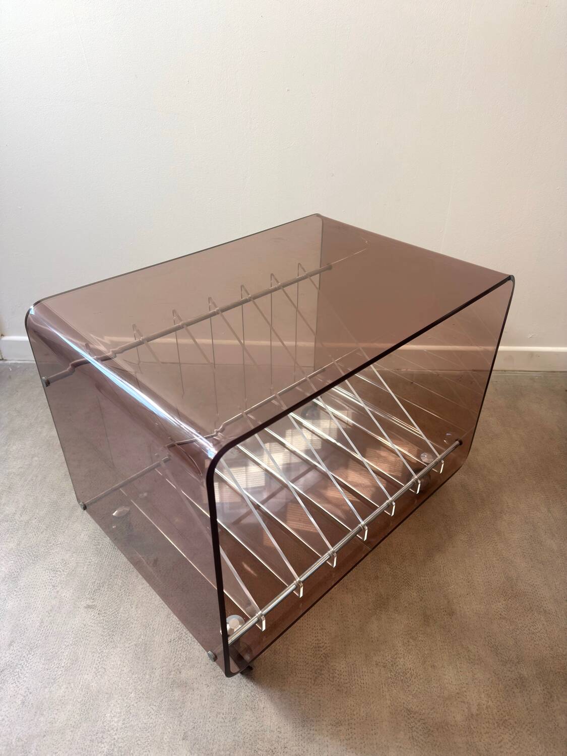 Hi-fi furniture in smoked Plexiglas by Michel Dumas for Roche Bobois.