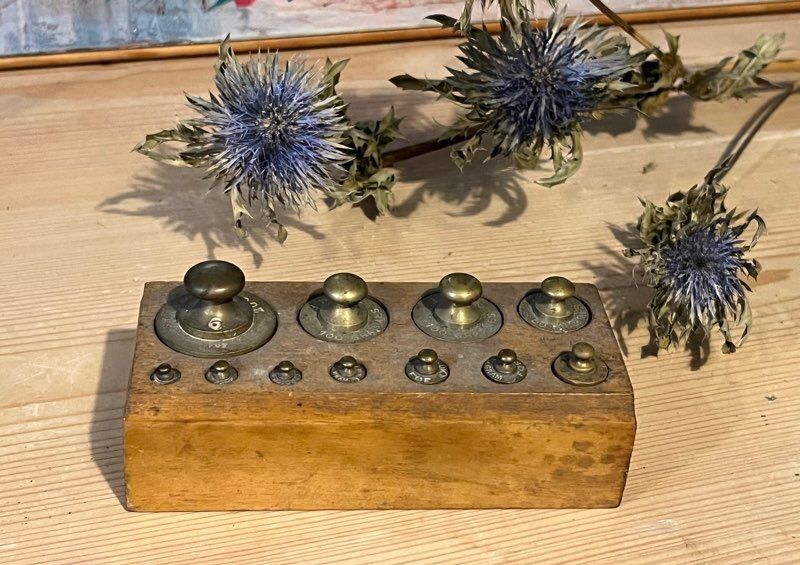 Complete series of brass weights for scales