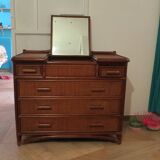 Vintage dressing table/chest - woven rattan - 5 drawers - mirror - 1960s/70s