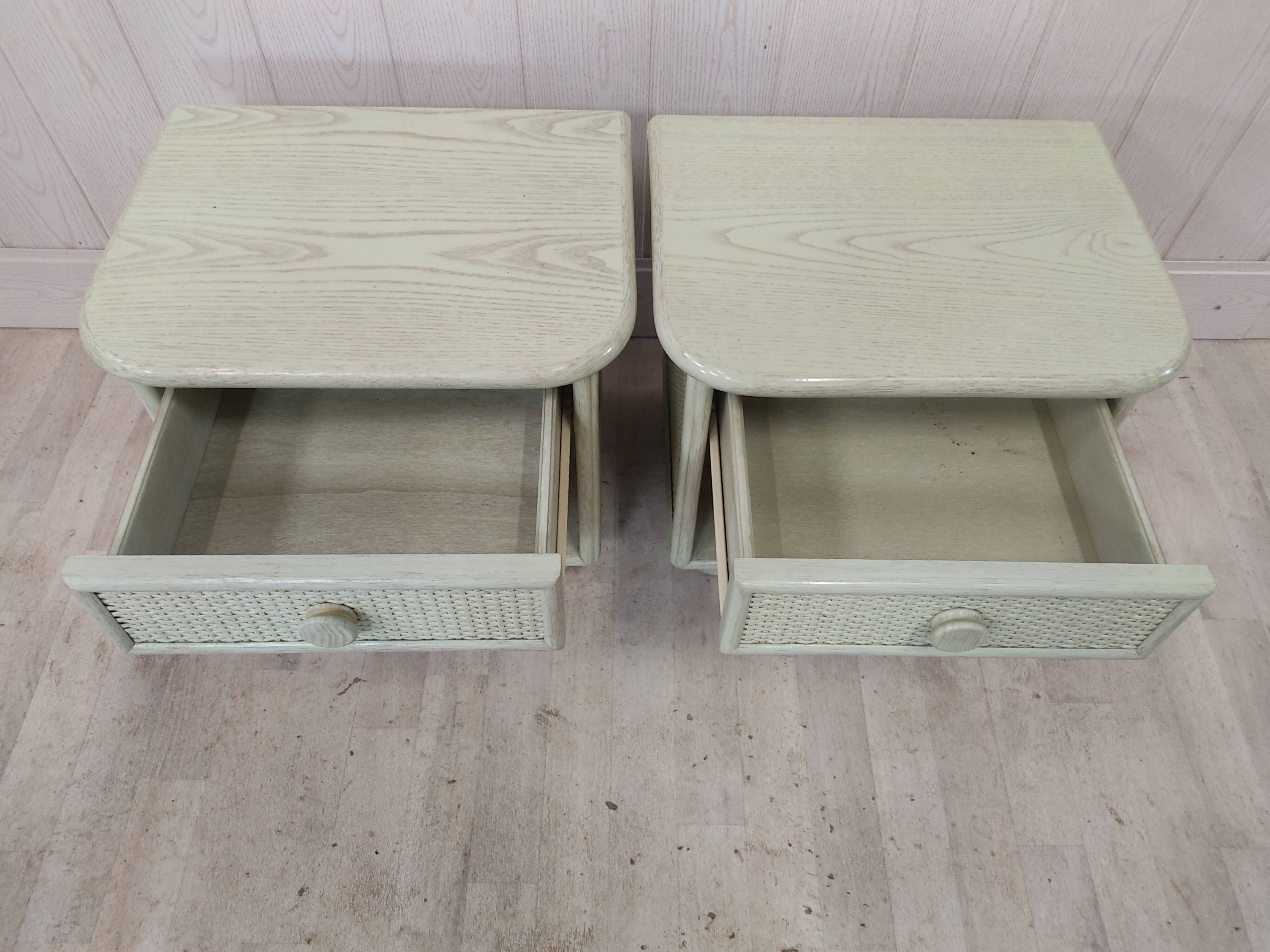 Pair of wooden and wicker bedside tables