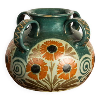 Vase Français, 4 hanses, en grès émaillé,  Art-Nouveau par Léon Echlinger.