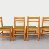 Set of 4 vintage chairs in pine and khaki green bouclette fabric from the 70s