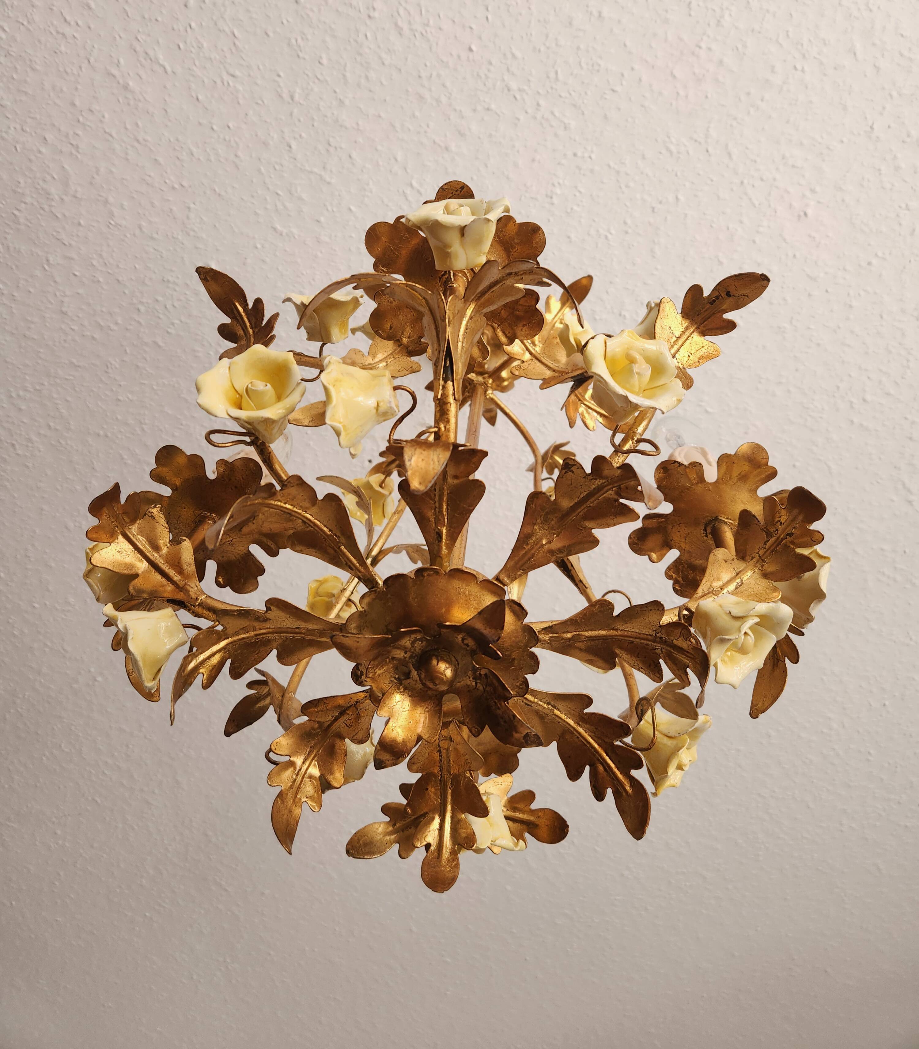 Vintage gilded hand-forged Florentine ceiling light with porcelain roses.
