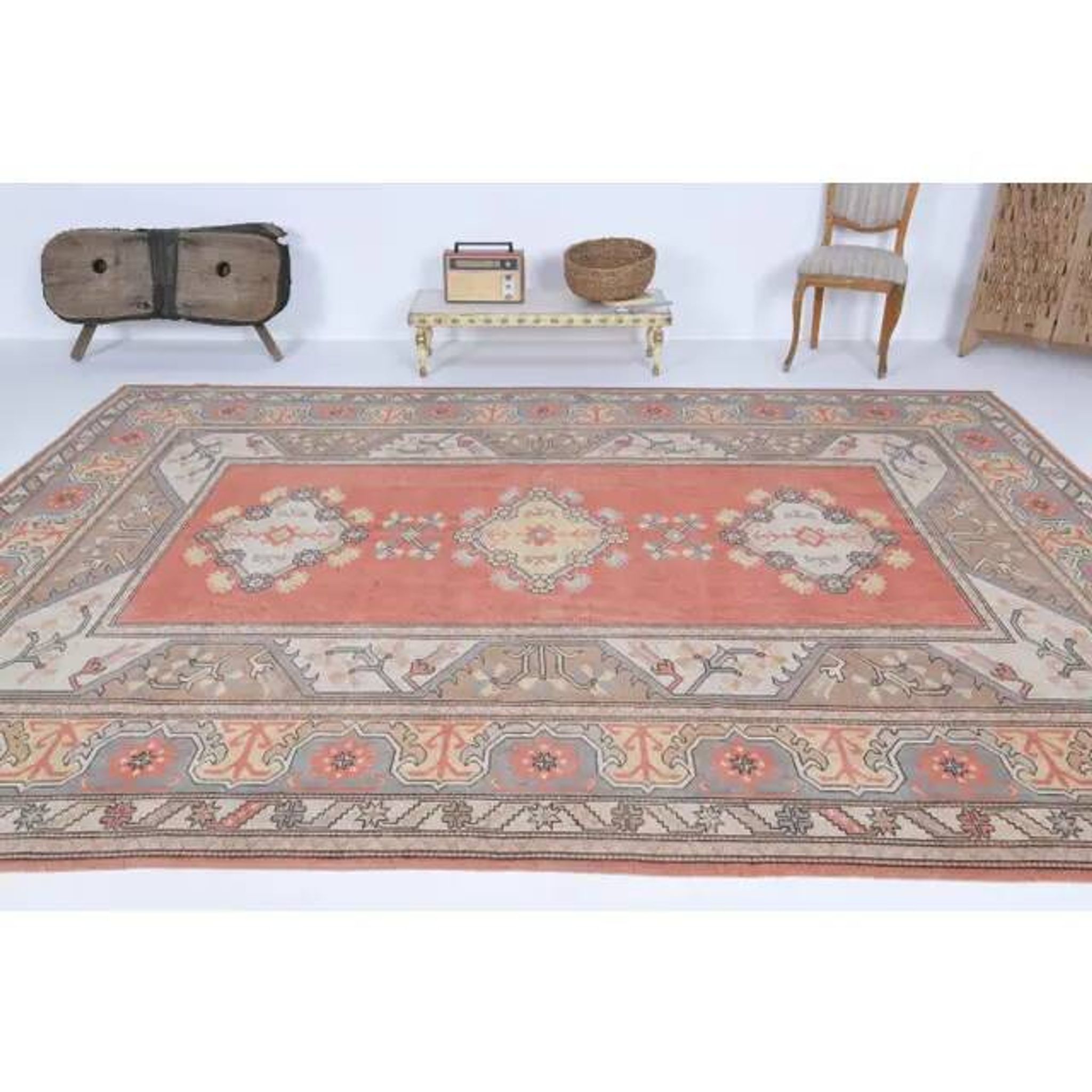 Vintage Turkish hand-knotted wool cotton red area rug 259x351