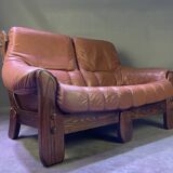 Brutalist style wood and leather sofa