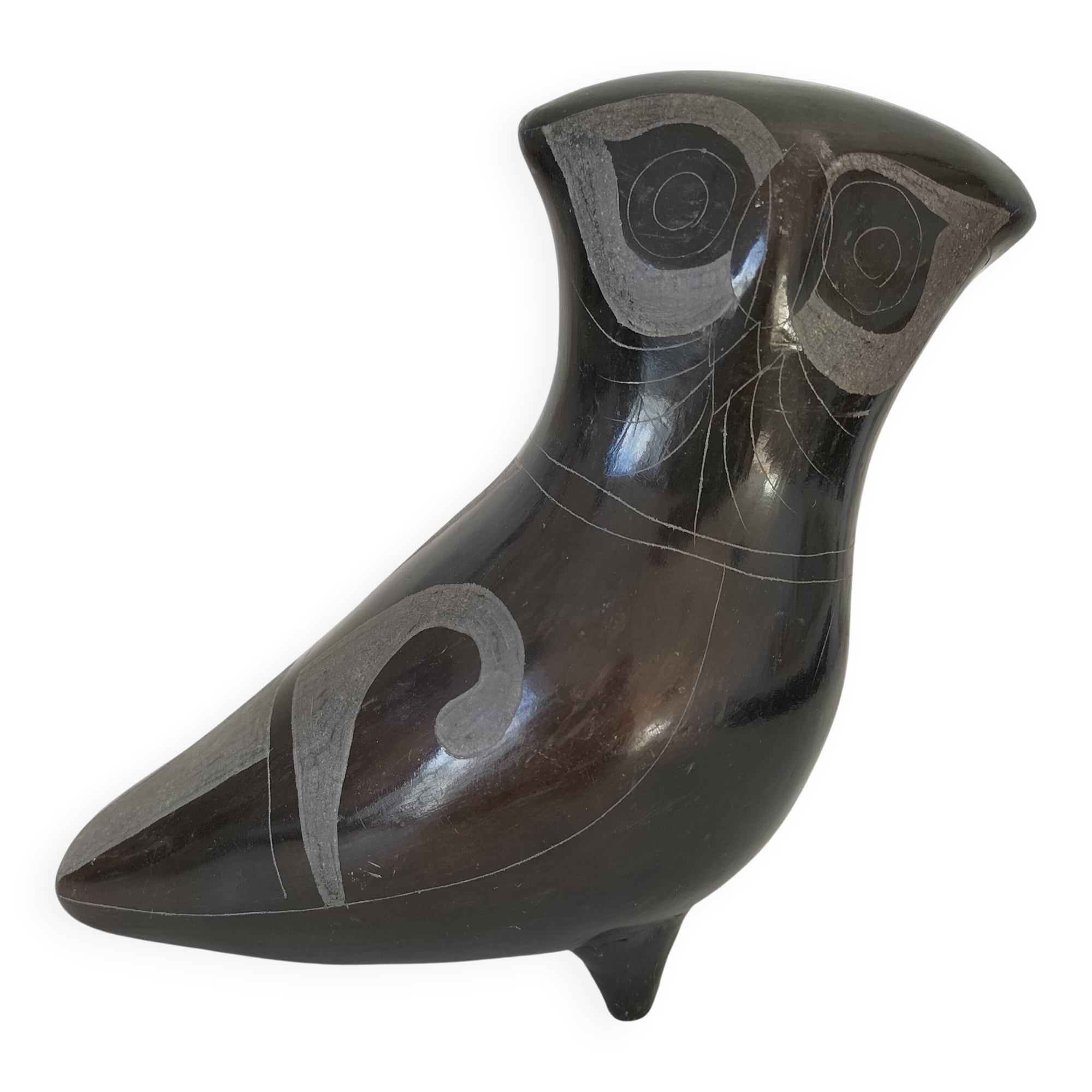 Engraved black ceramic owl signed Mexico