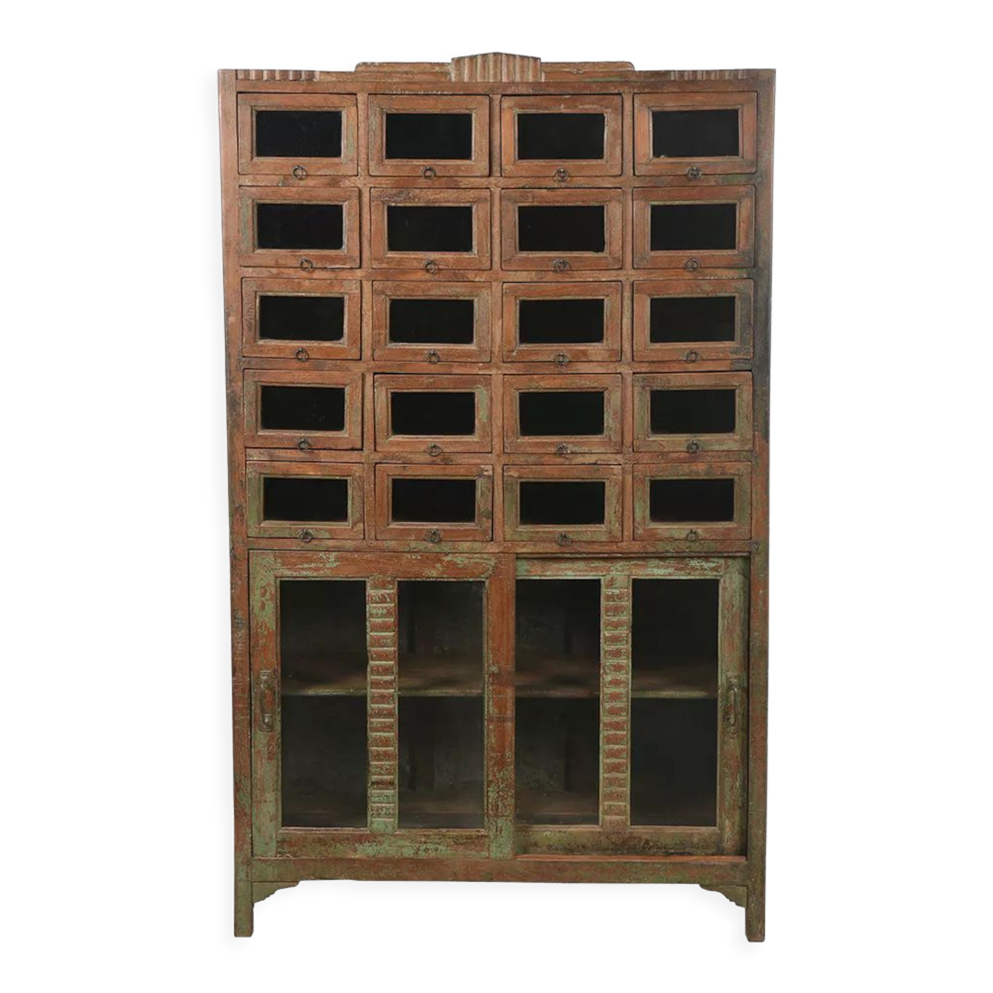 Wooden presentation cabinet with 20 glazed cupboards
