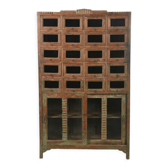 Wooden presentation cabinet with 20 glazed cupboards