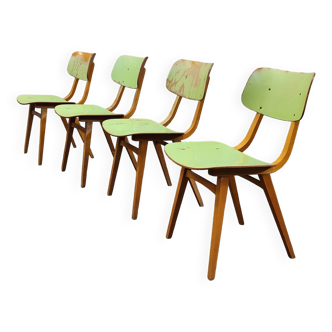 Set of 4 Tatra Nabytok green wood chairs 1960