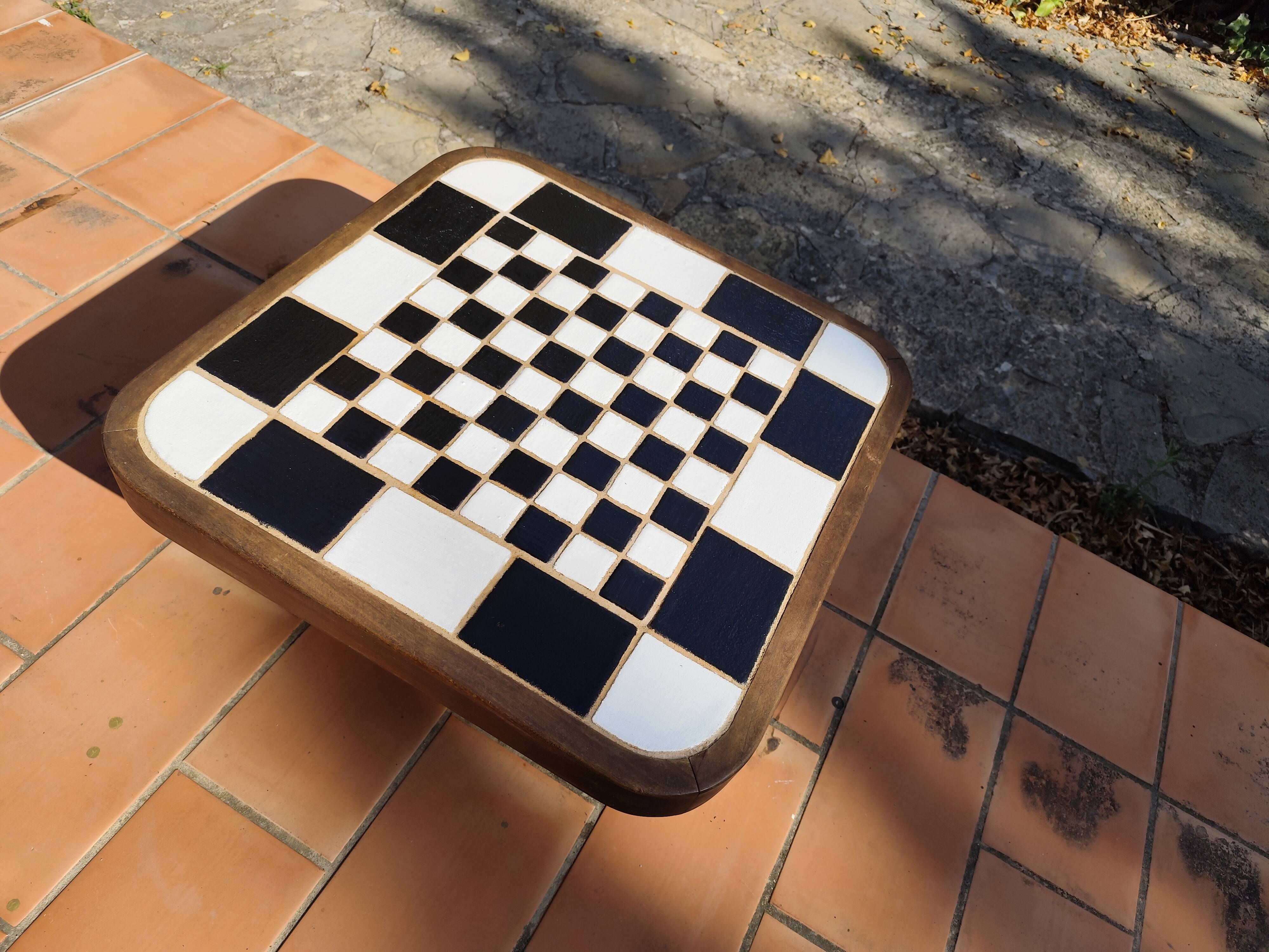 Scandinavian coffee table in wood and ceramic with a checkerboard pattern, 1960s vintage