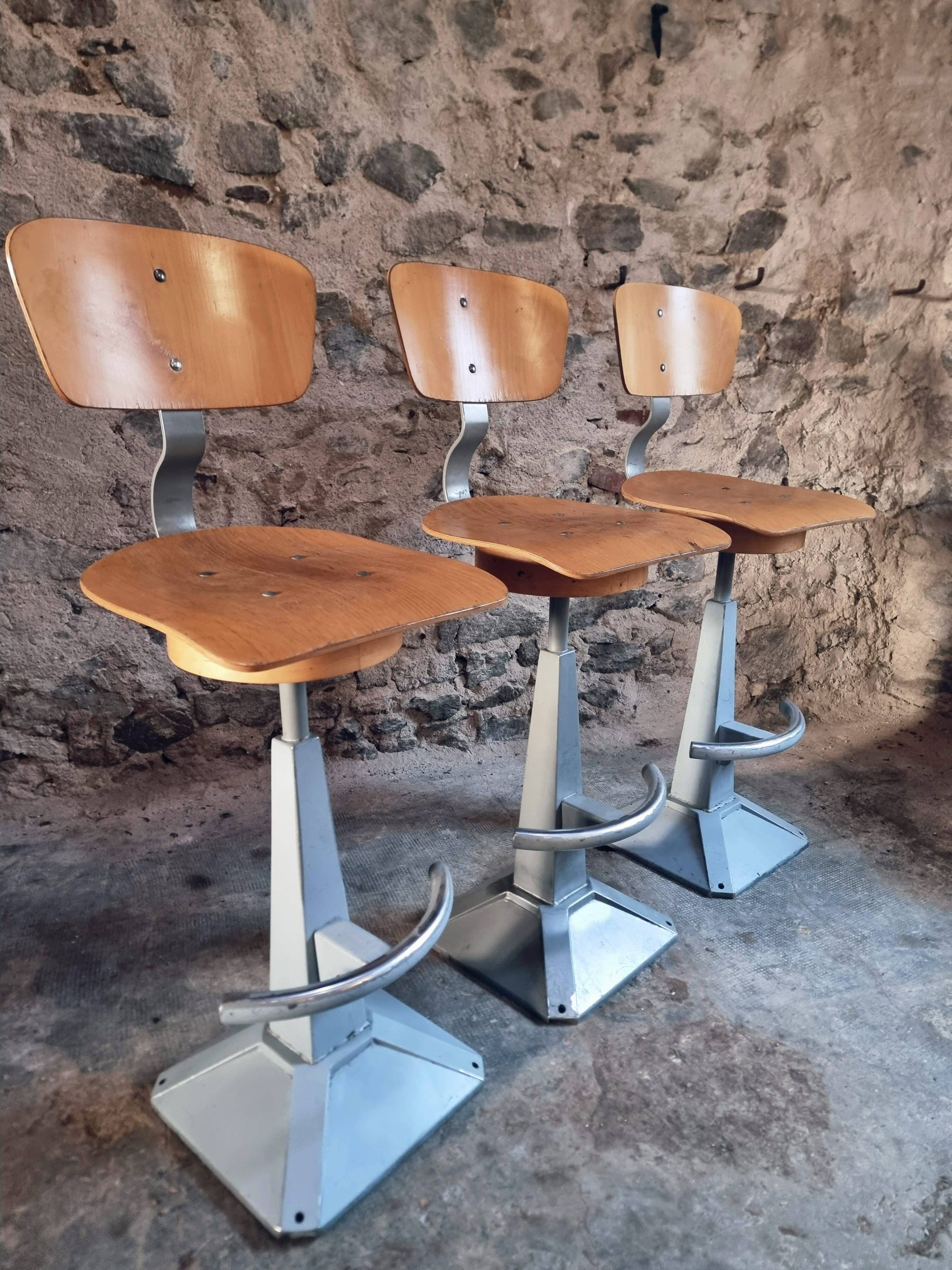 Set of 3 industrial swivel workshop chairs – fixed height bar stools – mid-century factory seats