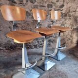 Set of 3 industrial swivel workshop chairs – fixed height bar stools – mid-century factory seats