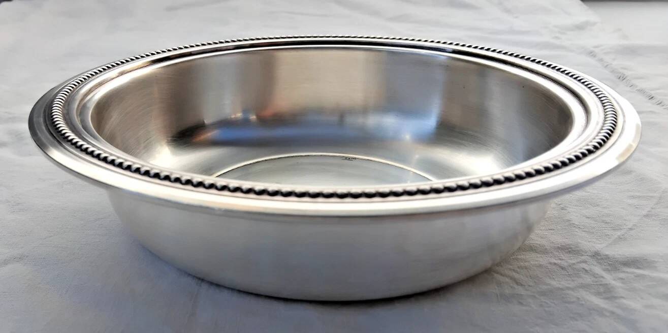 Antique round hollow metal silver plated dish st medard signed