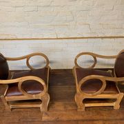 Pair of Hungarian Walnut & Leather Chairs by Lajos Kozma 1884-1948