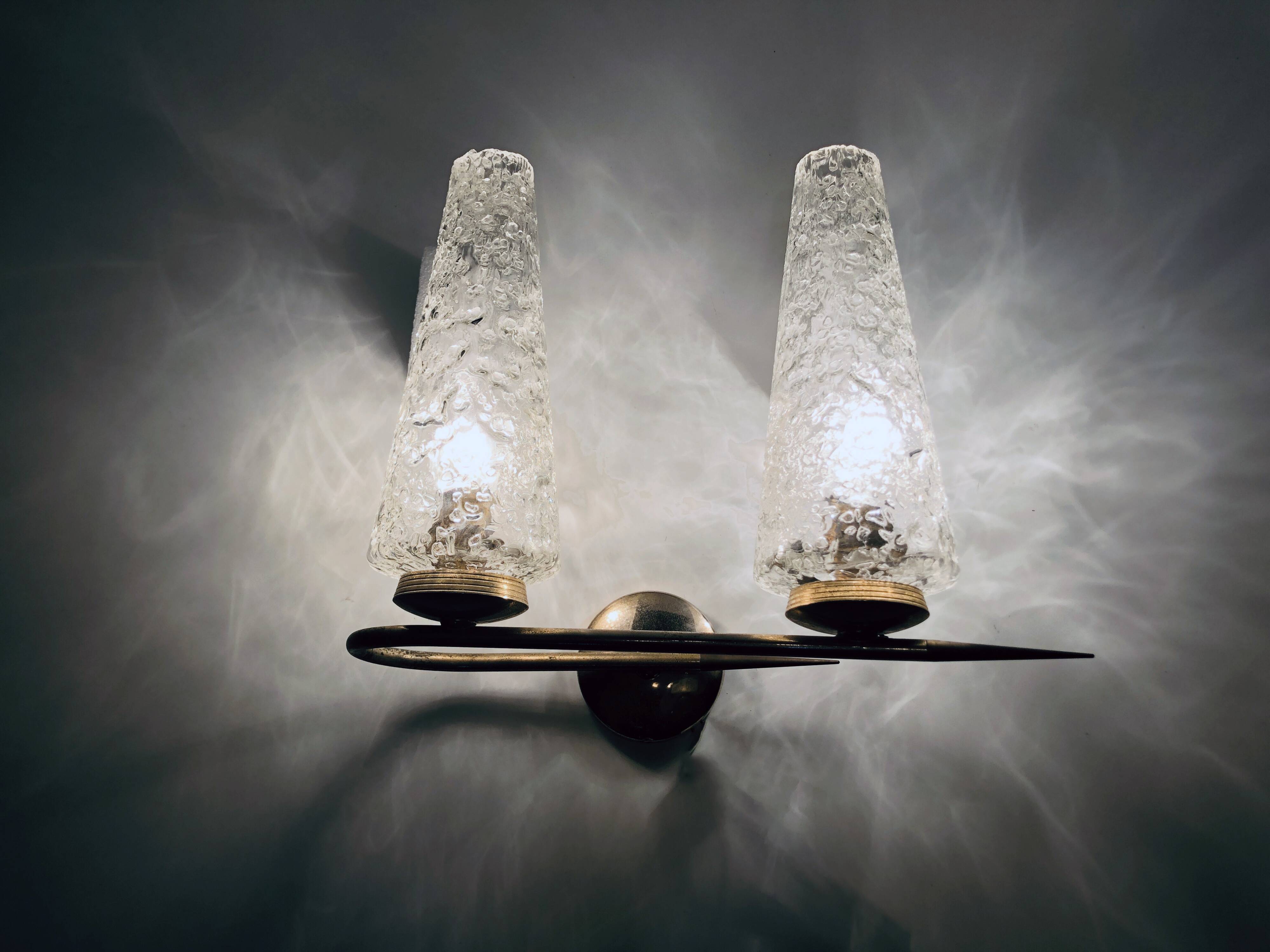 Vintage double wall light • steel, brass & glass • 1950