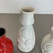 Set of 4 Red-White Fat Lava Op Art Pottery Vases by Bay Ceramics, Germany