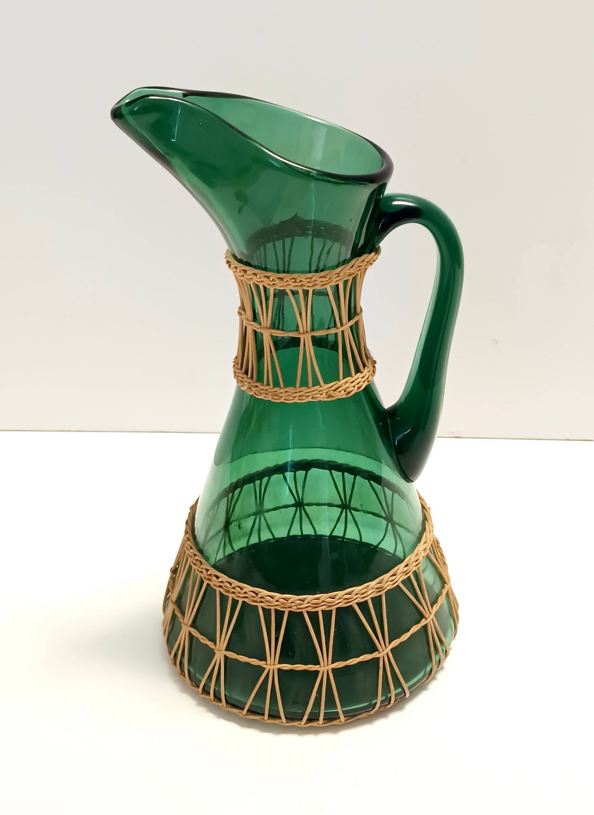 Green Hand Blown Glass and Wicker Jug / Vase, Empoli, Italy