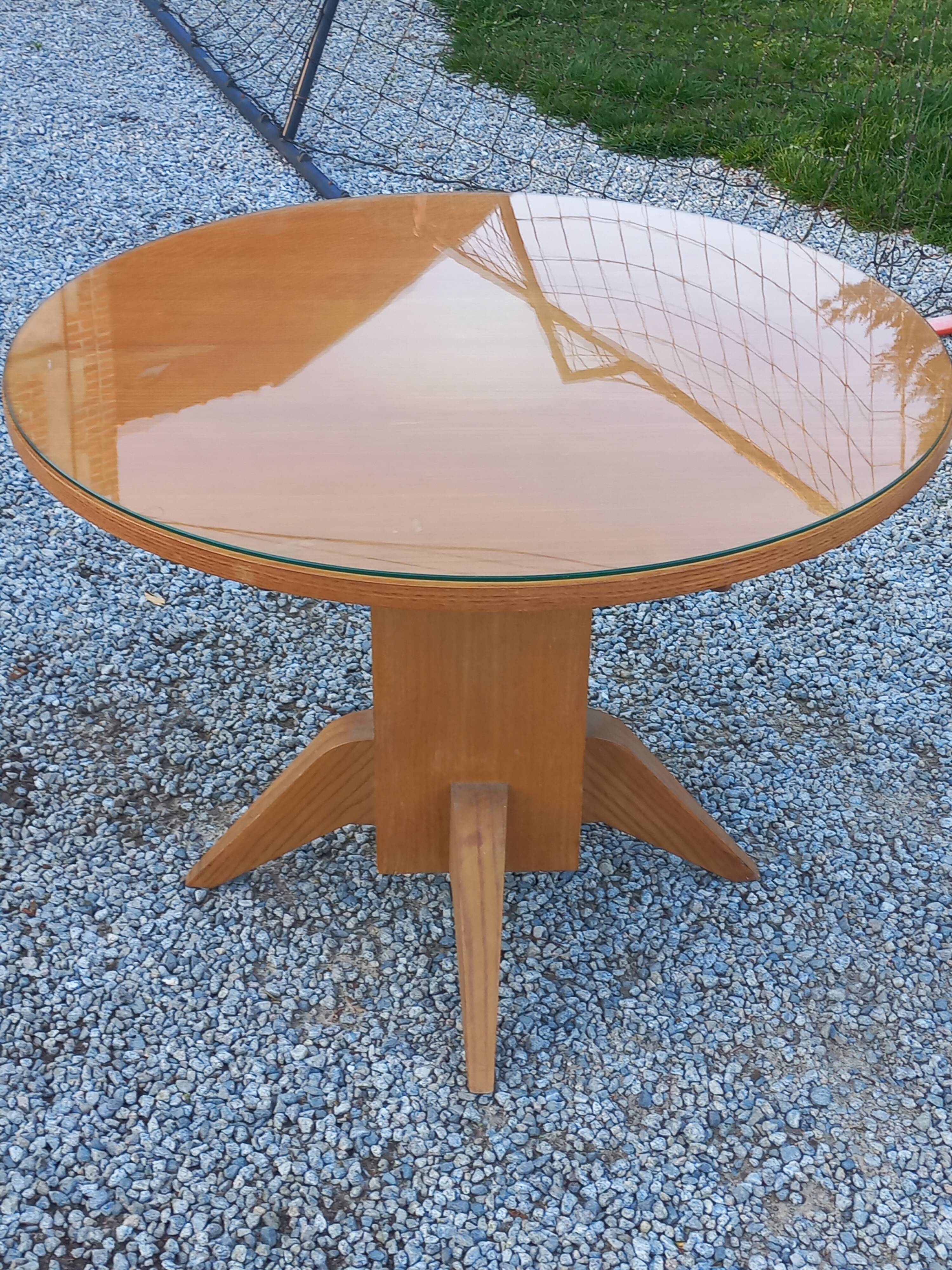 1950s round oak table, 2 heights, central quadripod leg