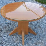 1950s round oak table, 2 heights, central quadripod leg