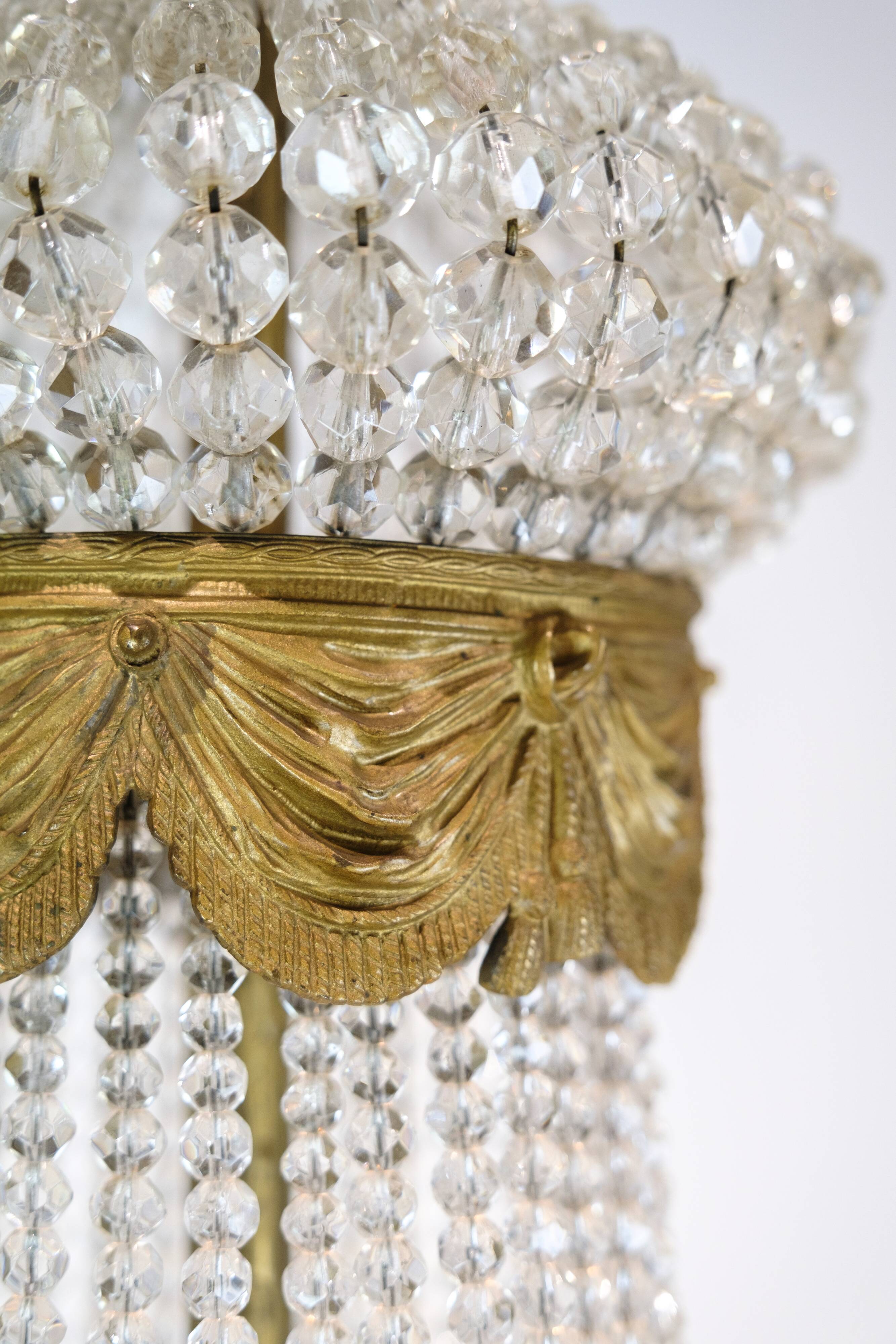 Antique Prism Chandelier Decorated In Brass, Bronze & Crystals From 1890s