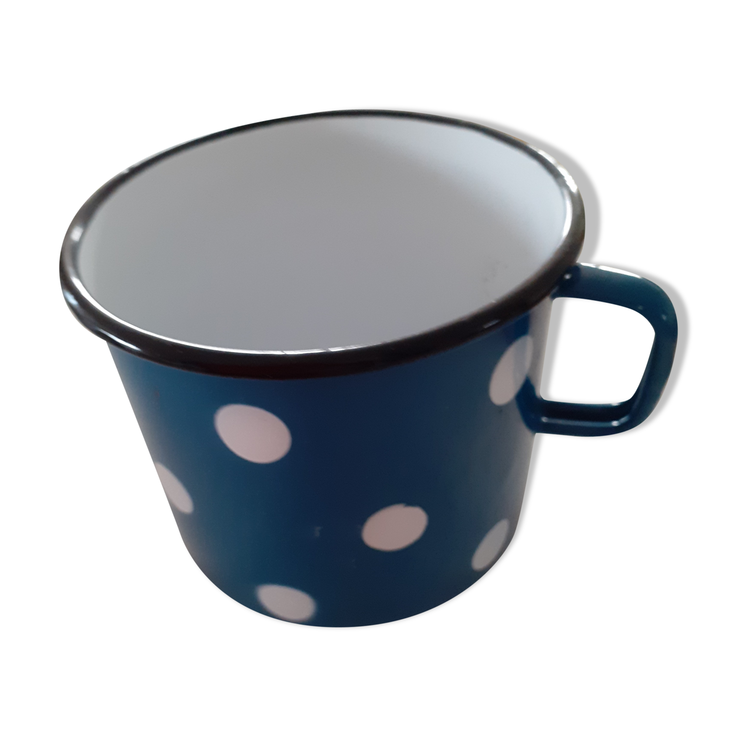 Blue metal pot with white polka dots Yugoslavia