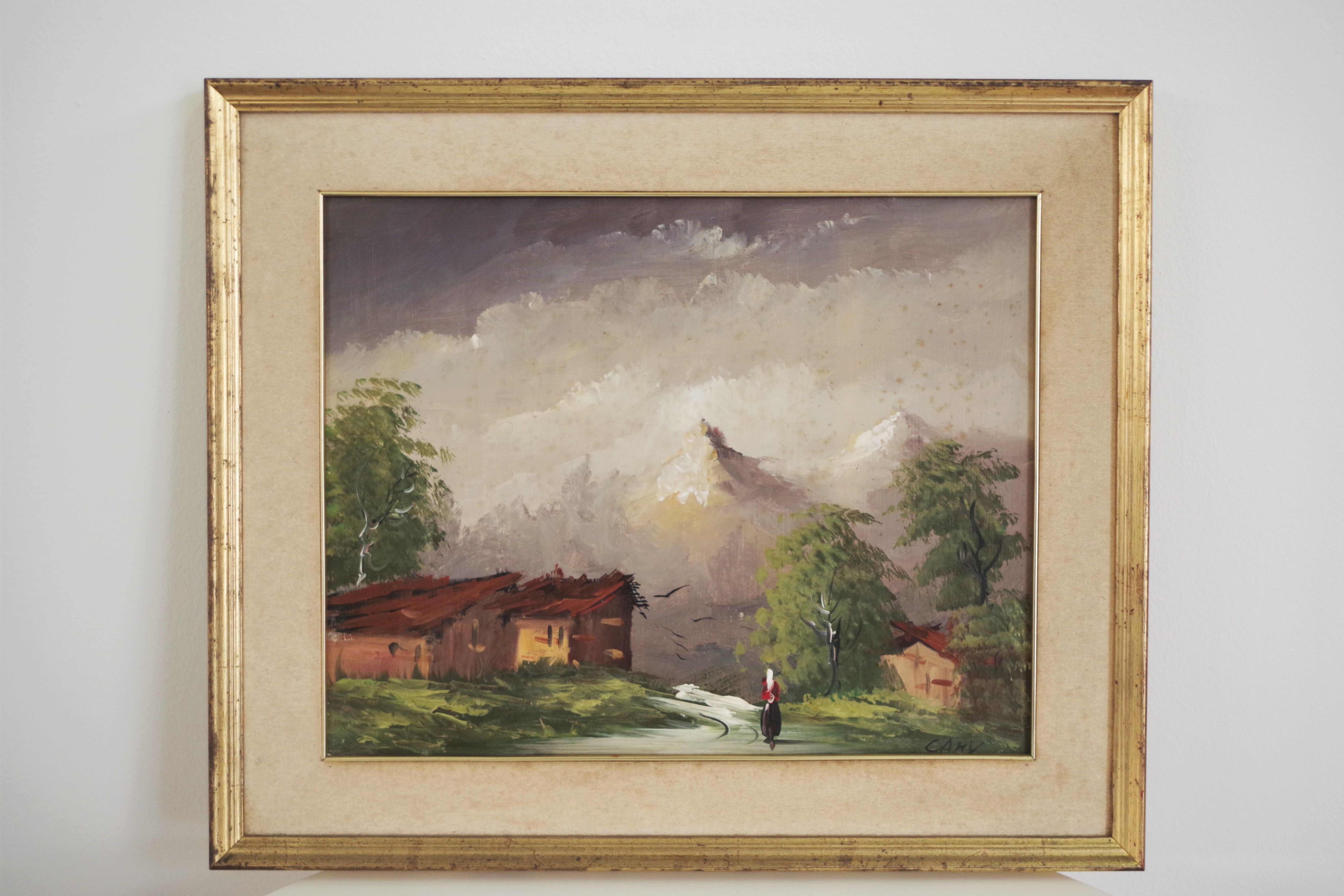 Oil painting on canvas, mountain landscape, Cakv