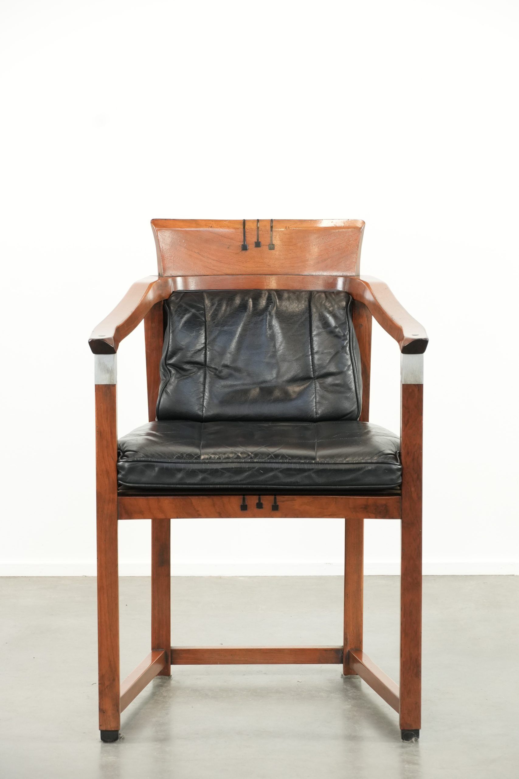 Black leather Art Deco design dining/side/desk chair with armrests