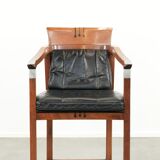 Black leather Art Deco design dining/side/desk chair with armrests