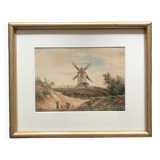 Landscape with mill and herd, watercolor
