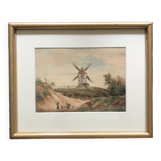 Landscape with mill and herd, watercolor