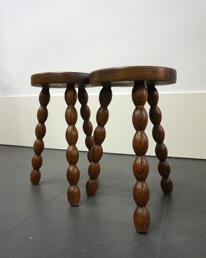 Pair of turned stools in brutalist style