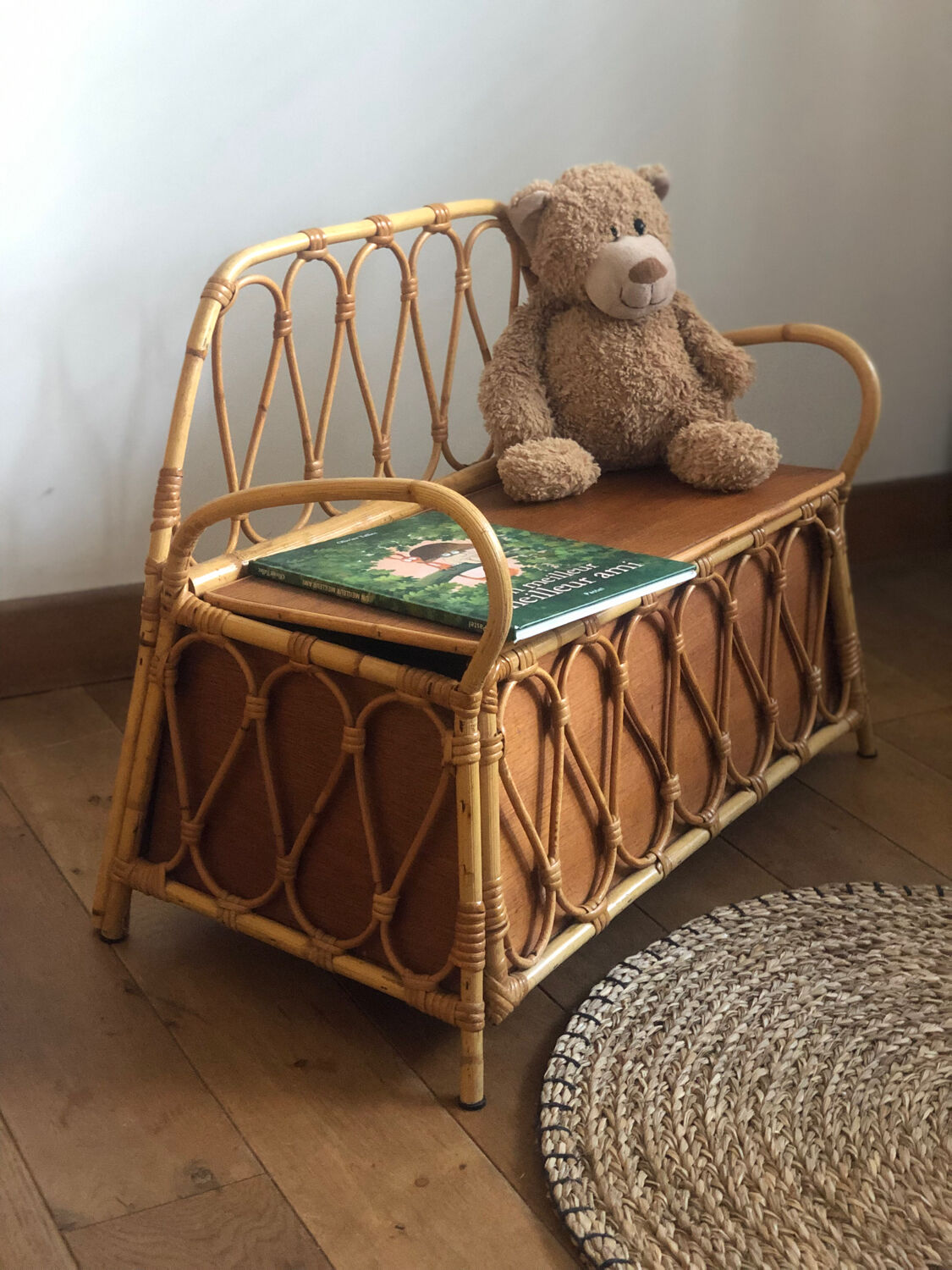 Vintage rattan storage bench for children, 1960s