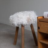 Danish mid-century tripod stool in beech, reupholstered in lambswool, 1960s.