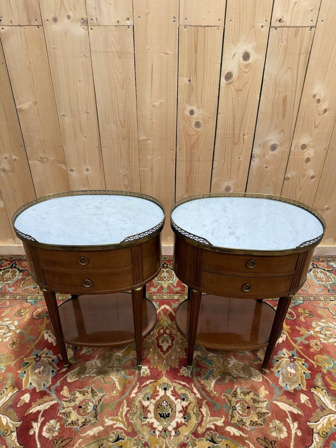 Pair of Louis XVI drum bedside tables in solid mahogany and marble.