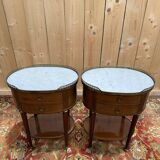 Pair of Louis XVI drum bedside tables in solid mahogany and marble.