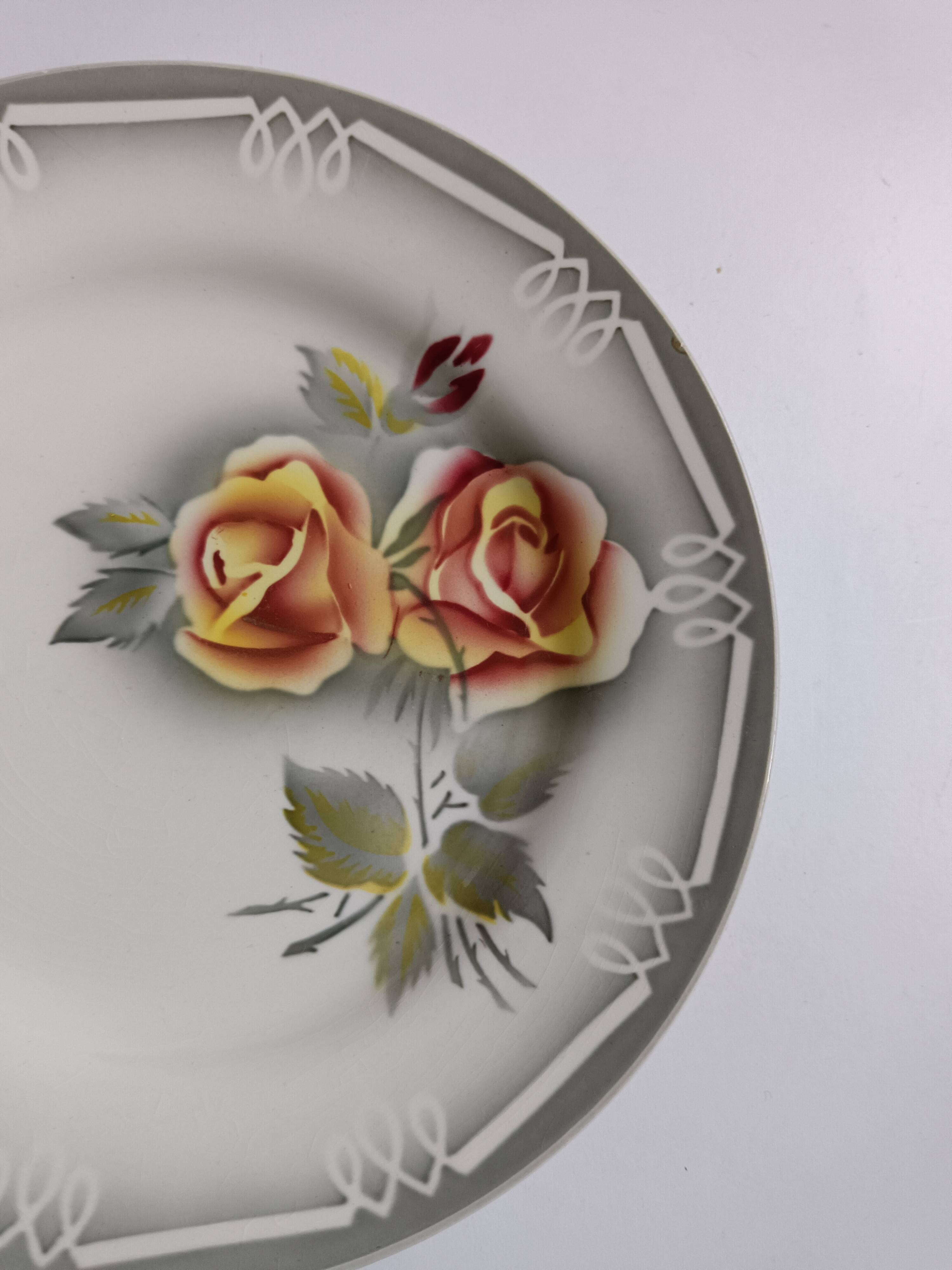 3 assiettes Digoin Sarreguemines Adèle gris jaune et bordeaux