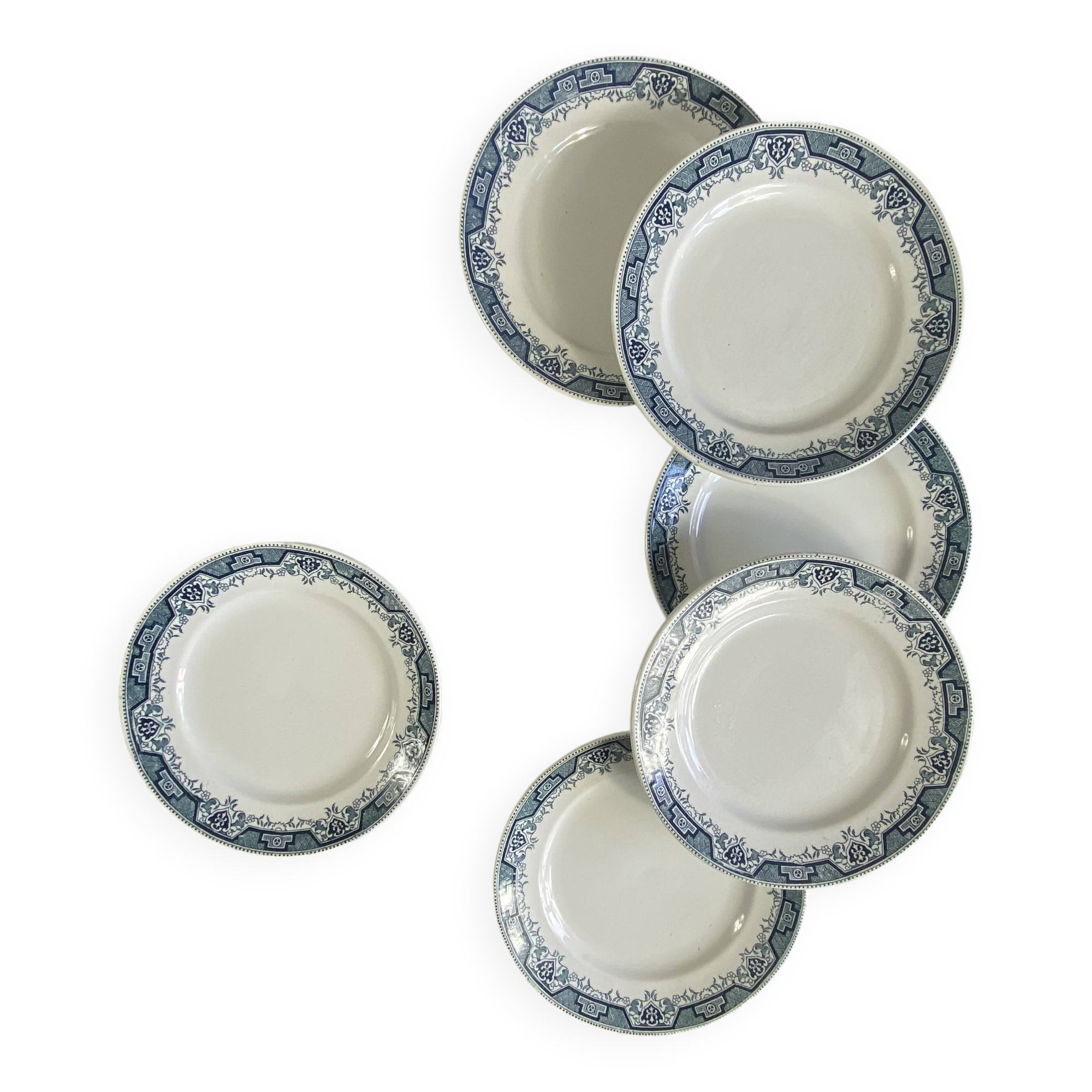 6 ironstone flat plates, antique earthenware from Saint Amand and Hamage