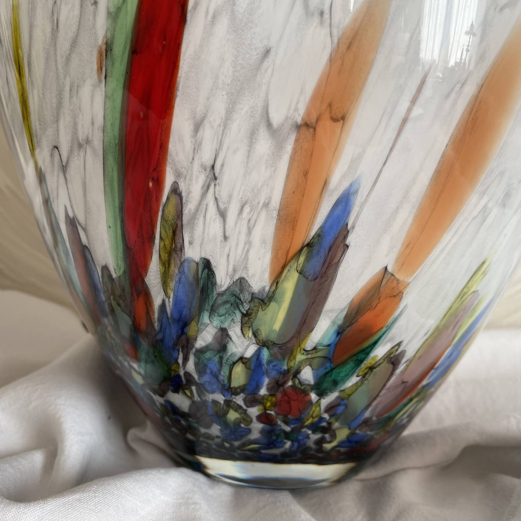Large blown glass vase with polychrome inclusions in the Murano style.
