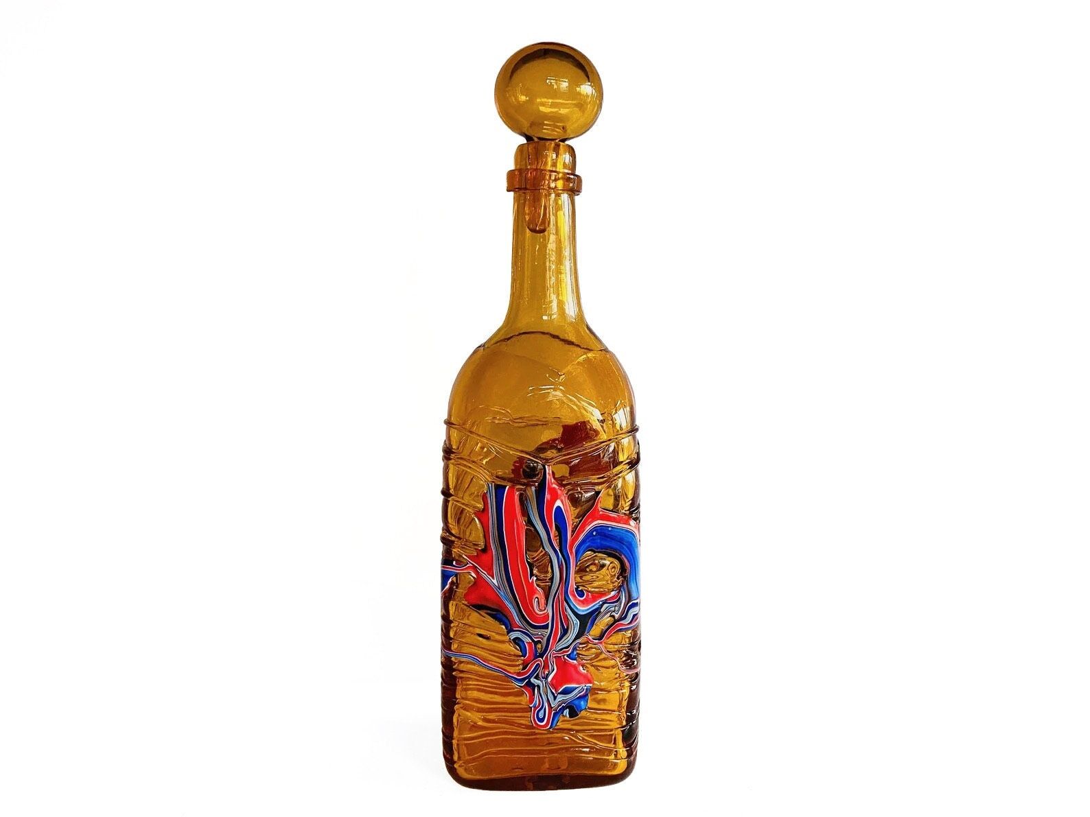 Vintage orange glass decanter / bottle with stopper, textured glass mdina