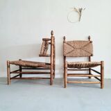 Paire fauteuils en bois et paille