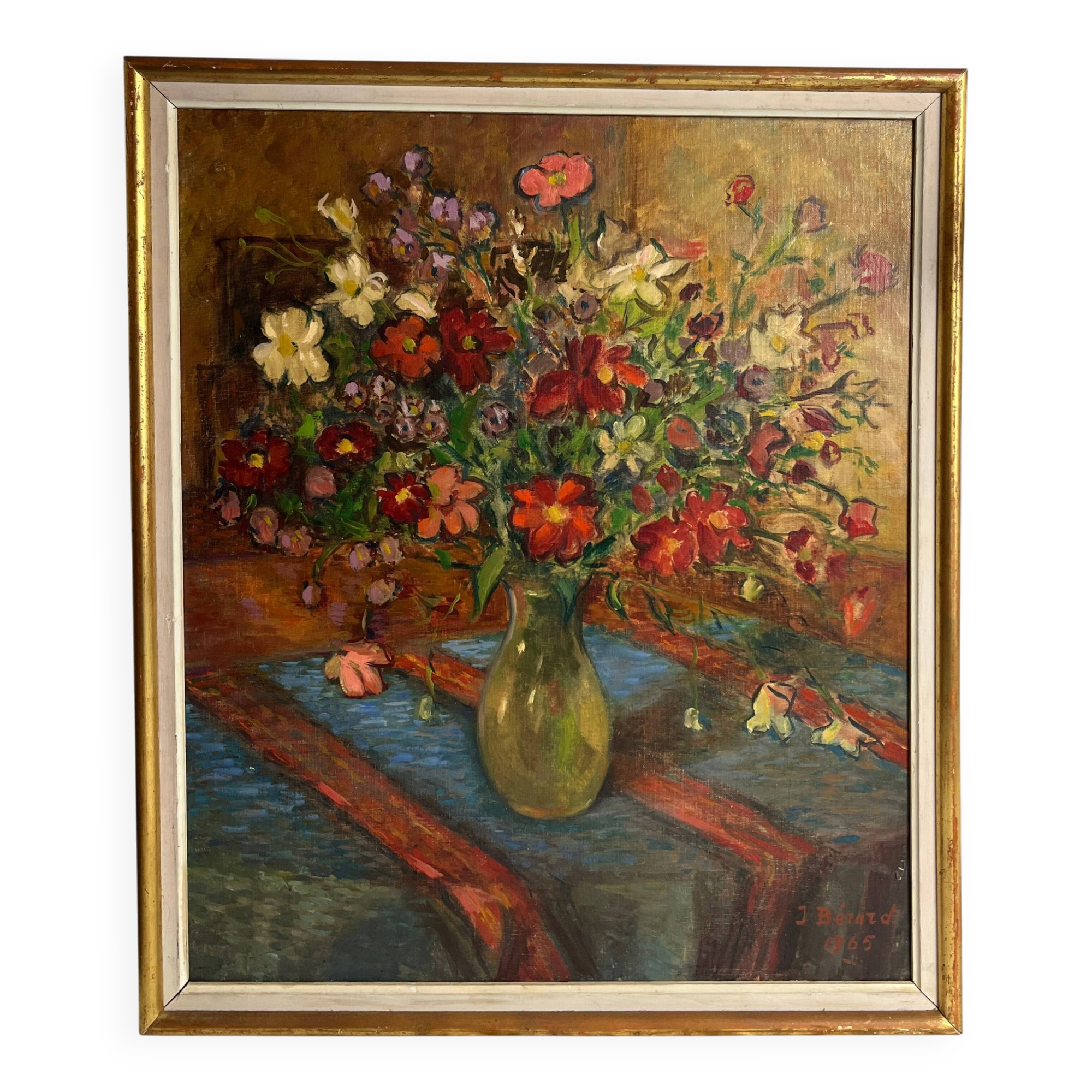 Oil on canvas still life with a red bouquet signed Bérard 20th century.