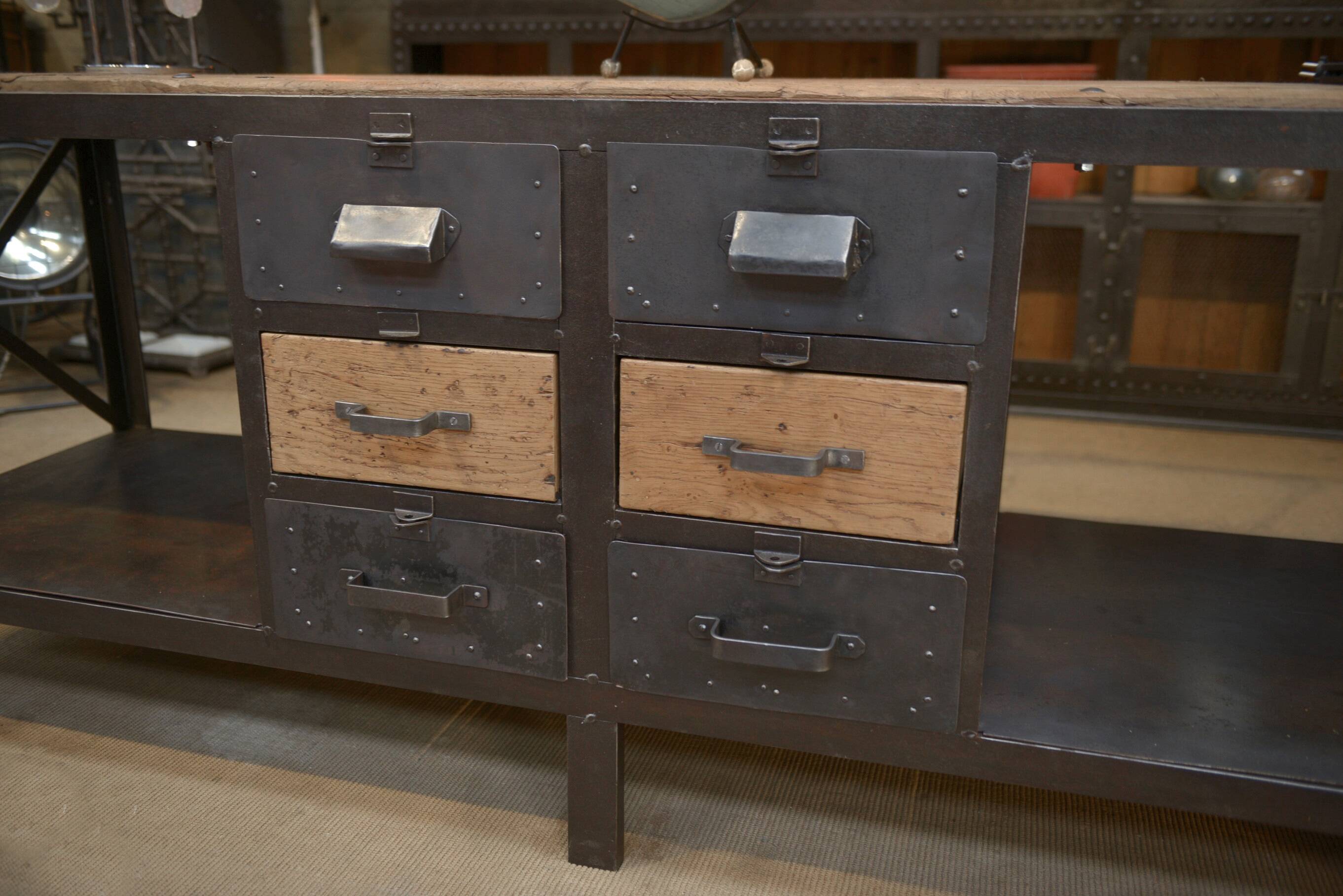 Industrial sideboard from metal and wood factory 1950