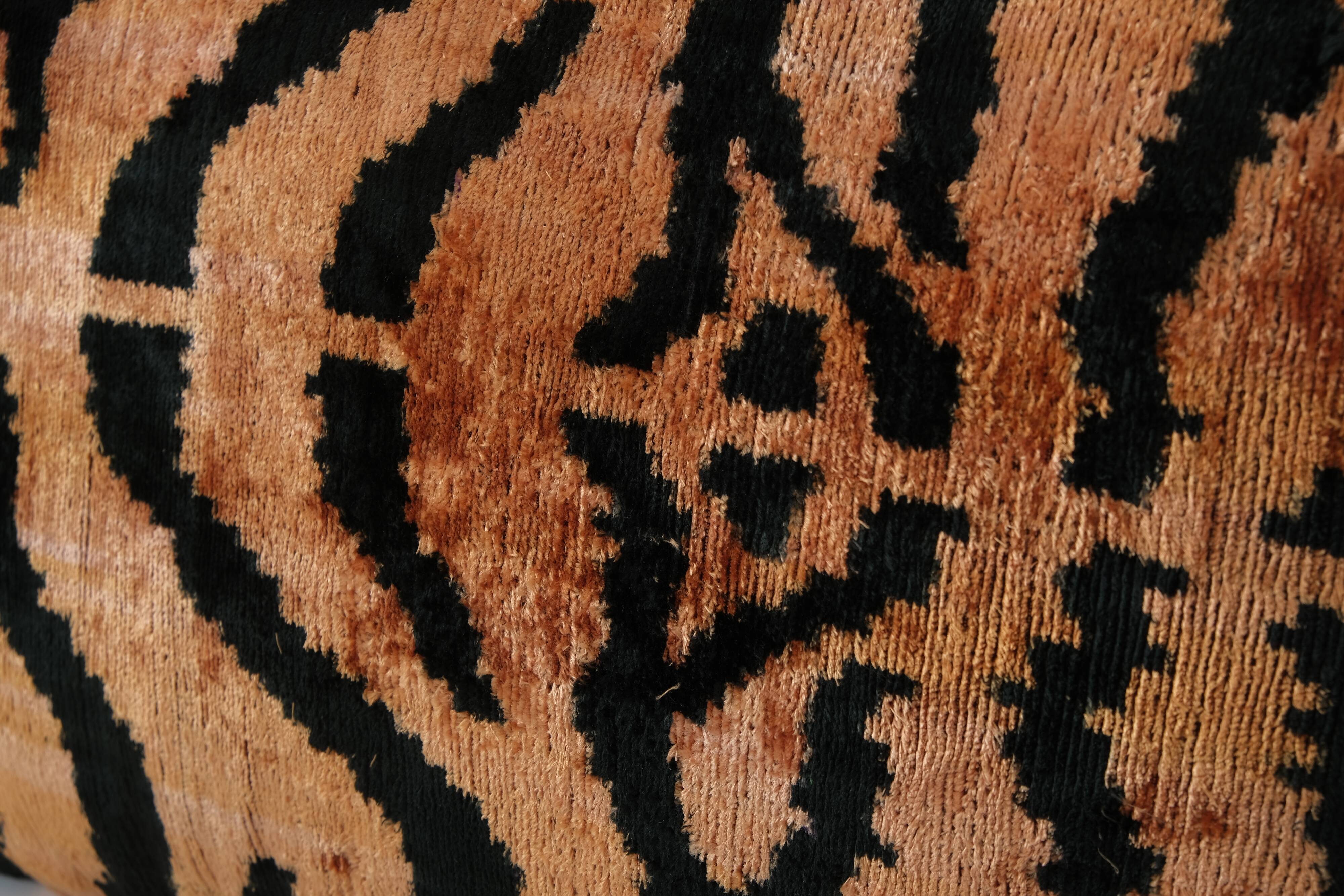 Handmade Tiger Ikat Velvet Pillow, Set of Two Silk Lumbar Pillowcase, Soft Couch Pillow Cover