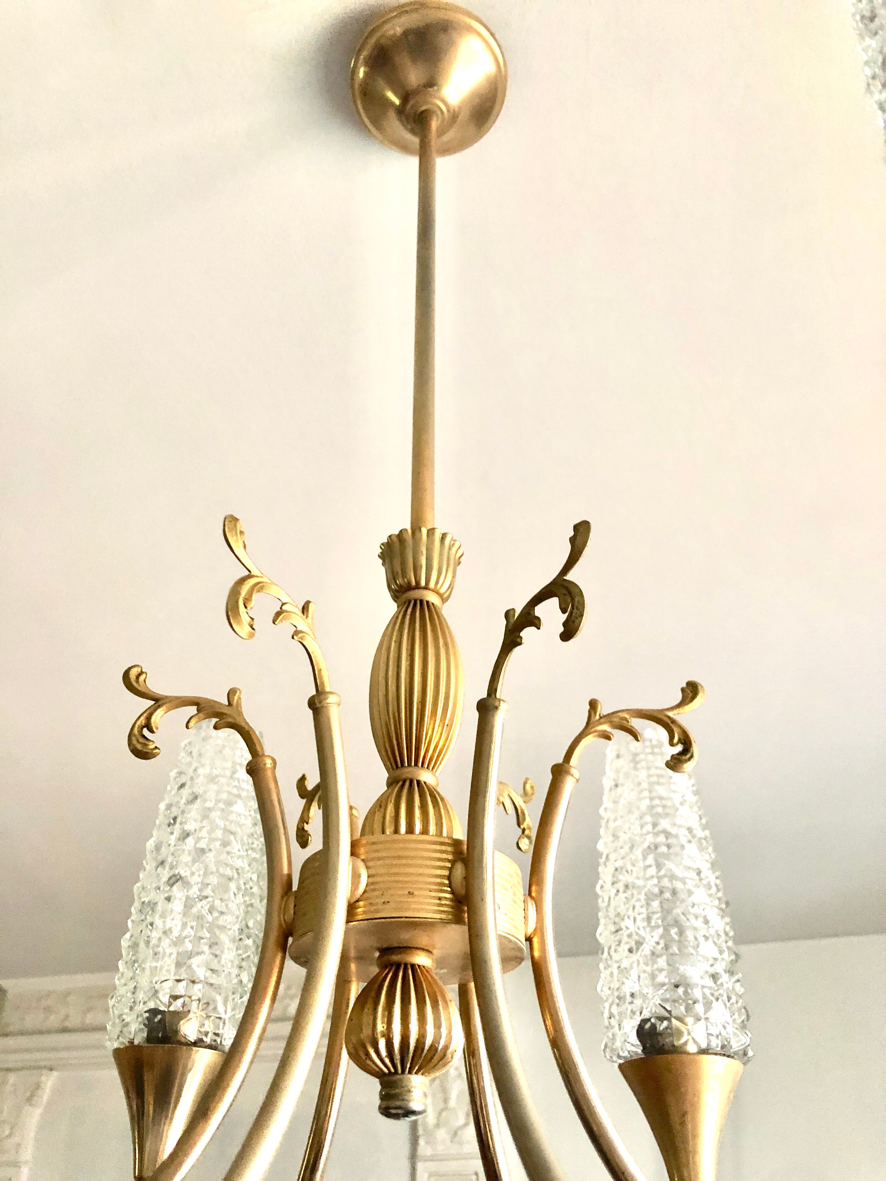 Lustre doré néoclassique 6 tulipes 1960