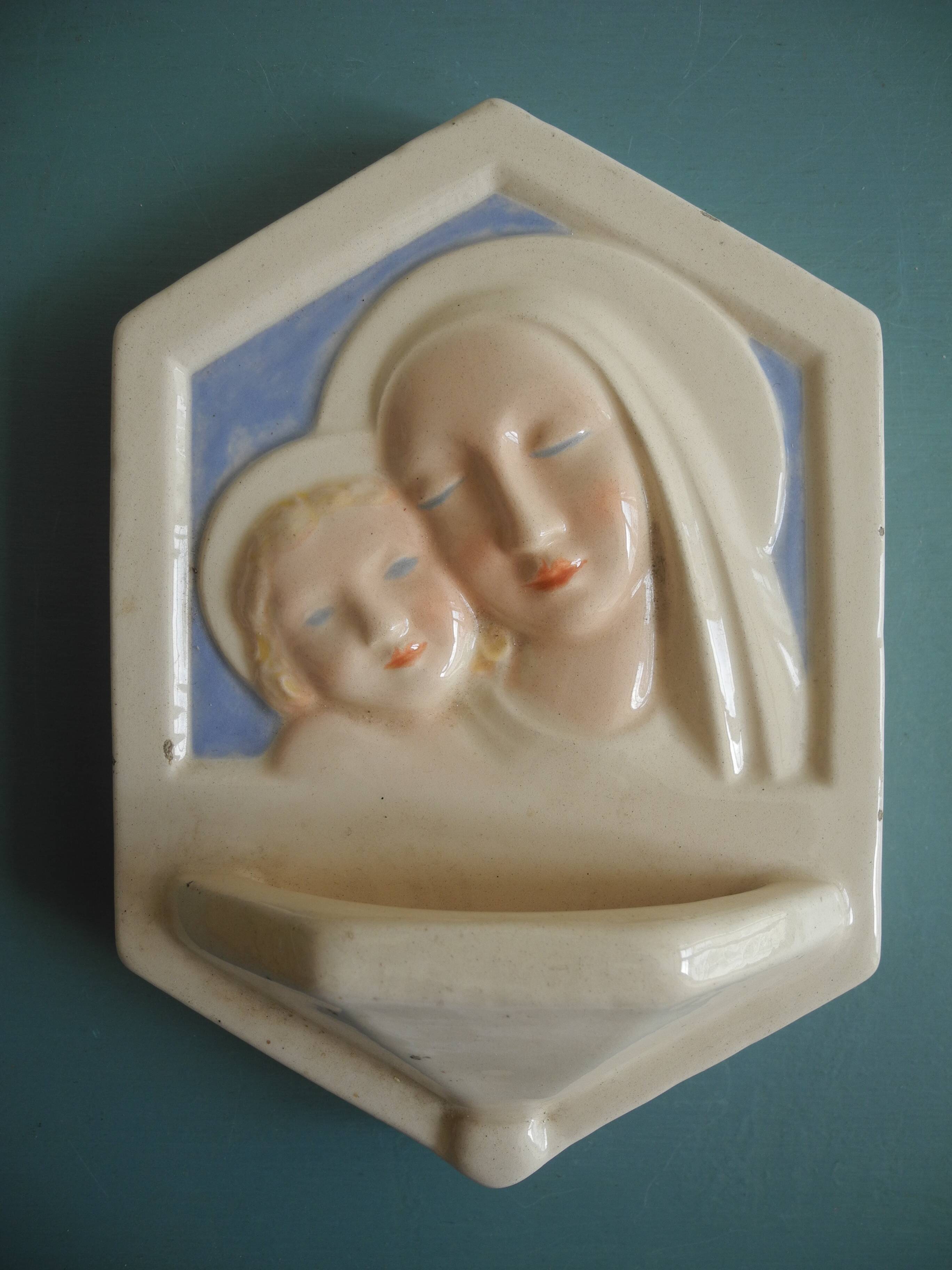 ancient holy water font Desvres Fourmaintraux earthenware